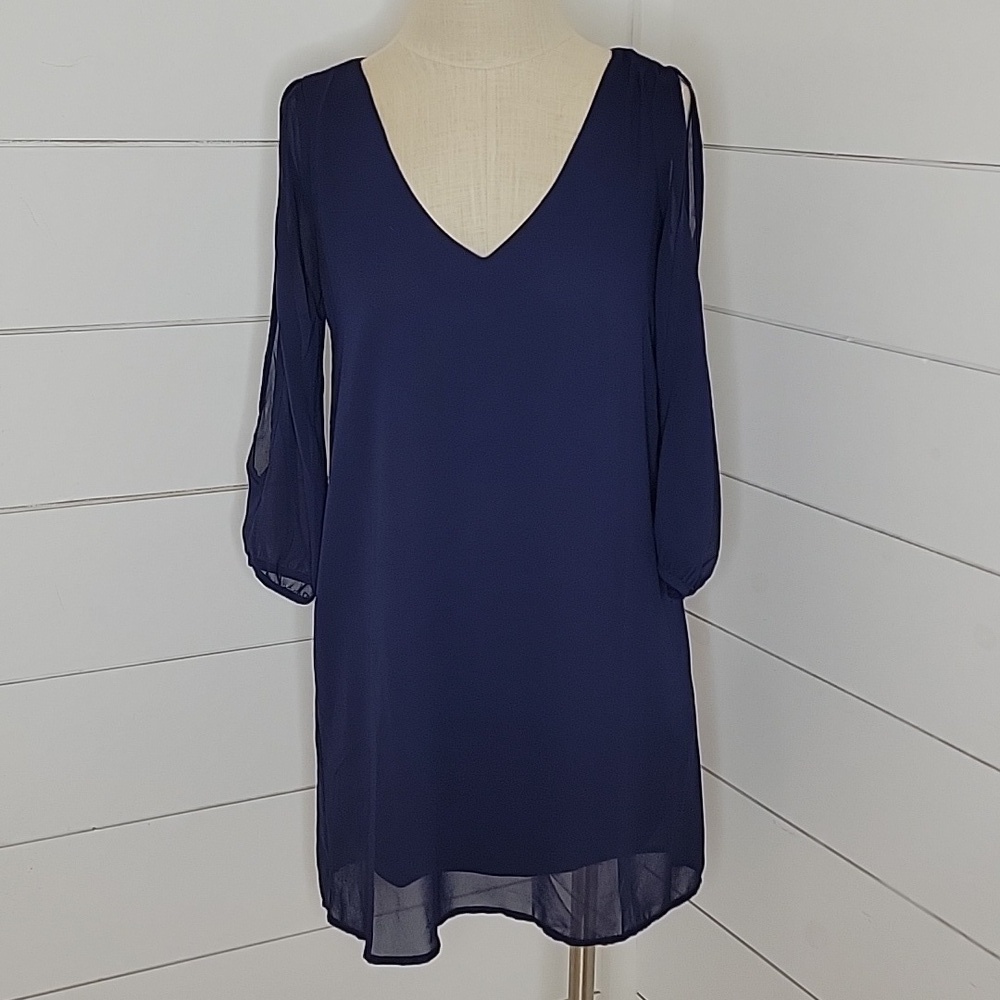 LULUS XS navy cold shoulder sheer mini dress